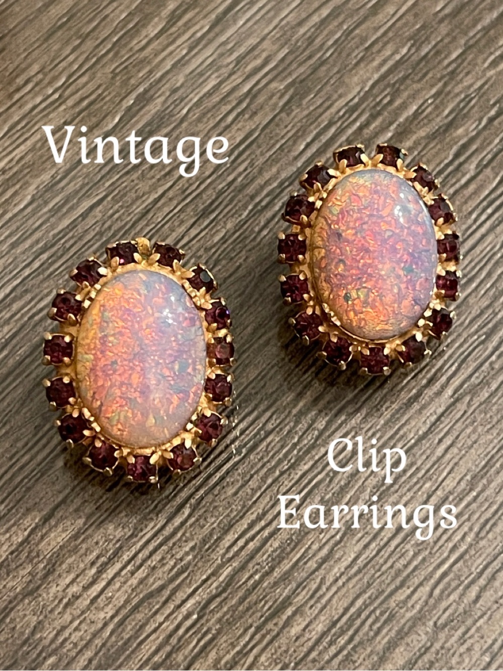 Vintage Oval Purple Halo Rhinestone Clip Earrings Flashy Faux Glass Opal Center